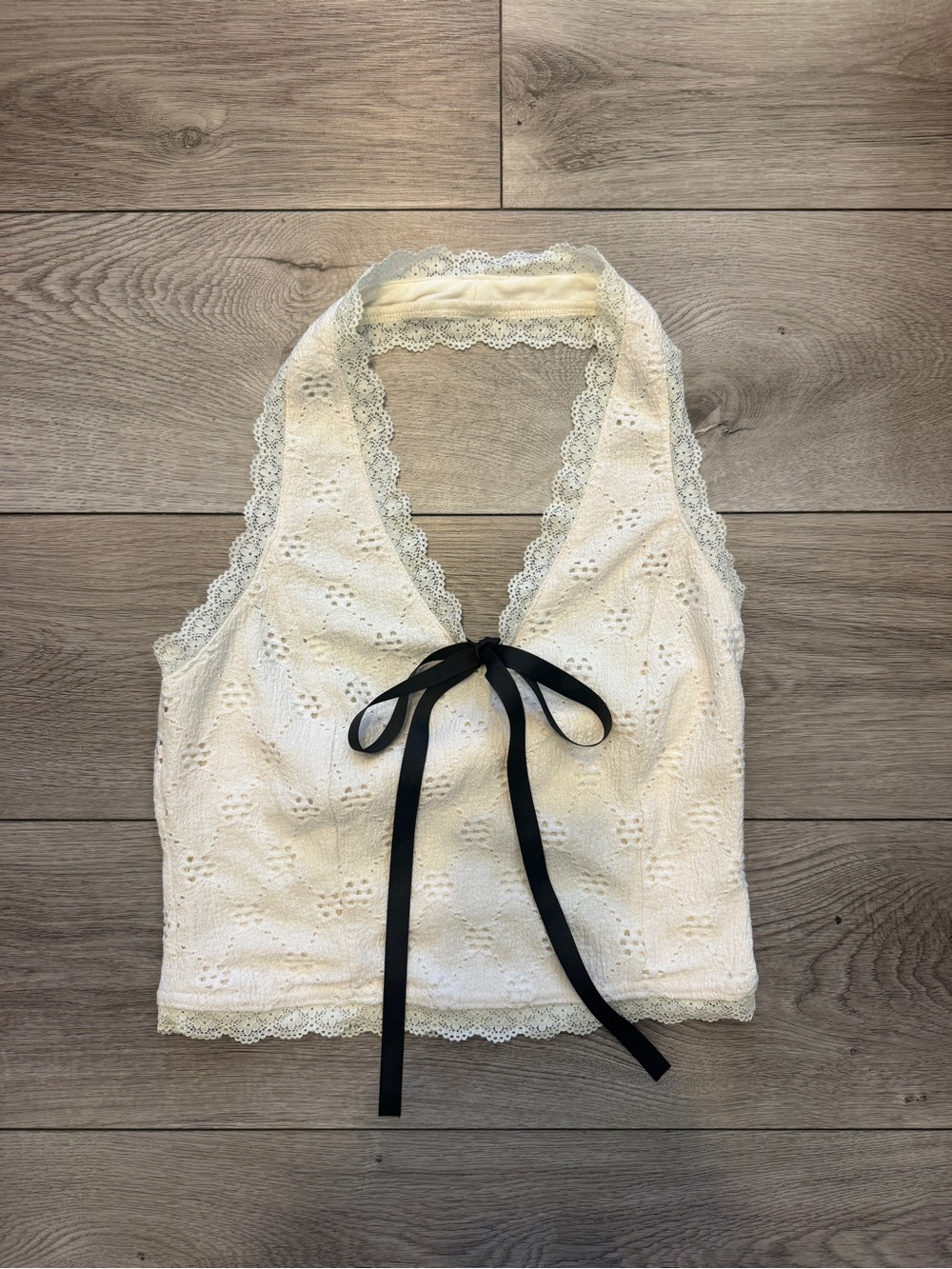 Lace-Trim Halter Cropped Tank Top with Black Ribbon - Cream